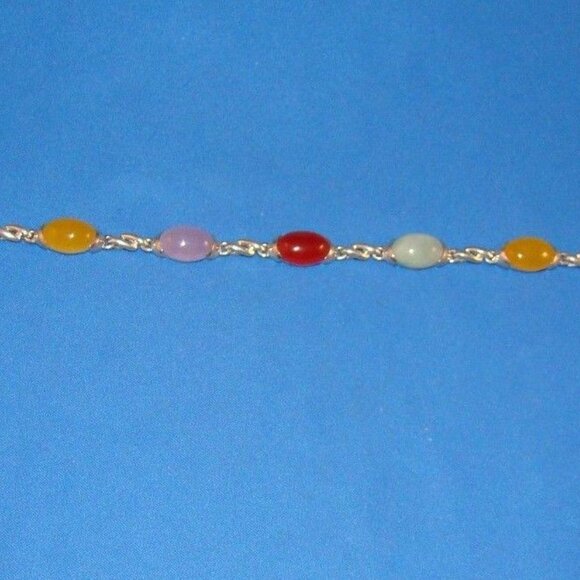 Sterling Silver Bracelet with 7 Multi Colored Gen. Jade..7" well made piece - Picture 5 of 5